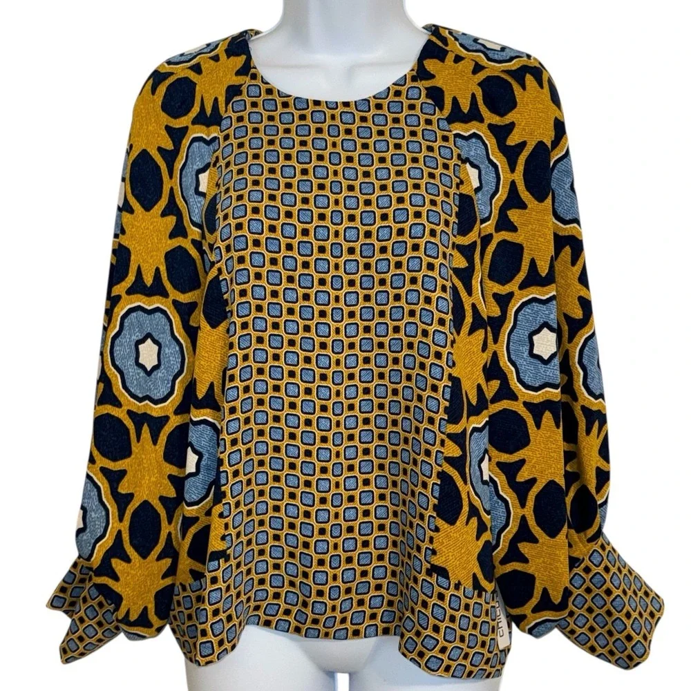 CHICO'S‎  Geo Print Drape Sleeve Blue Echo L/S Woven Pattern Top NWT $99 Size 6 - Picture 2 of 8